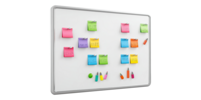 Whiteboard with colorful sticky notes and magnets isolated on transparent background png