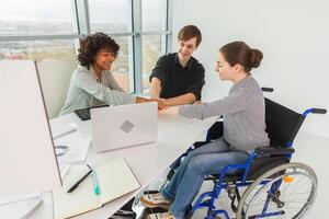 Stack of hands. Business startup teamwork unity concept. Top view of diverse multiracial business people putting hands together. Business colleagues during work process rejoice in success of company photo
