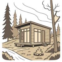 A tiny house on wheels nestled in a natural setting with tall trees, a nearby river, and a campfire outside. The house has a modern design with wooden panels and large windows on a white background vector