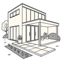 A minimalist house exterior with a boxy, geometric design, flat roof, and large glass panels. Include a small garden with potted plants and a pathway leading to the front door on a white background vector