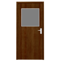 A wooden door with a black frame and a white window png