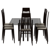 A dining table with six chairs and a glass top png
