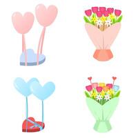 gift box heart shape with balloon and flower bouquet illustration set vector