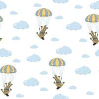 Children cute animal seamless pattern. Platypus with a parachute in the clouds. Duckbill in the sky. vector