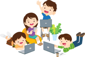 Smiling kids using tablets and computers to complete their assignments png