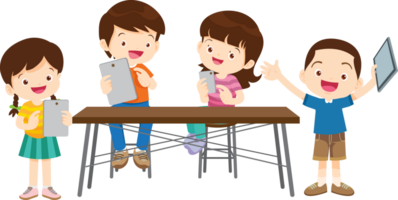 Group of students studying together using computers and tablets png