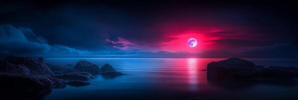 A serene coastal landscape at twilight with a vivid, colorful sunset over calm waters. photo