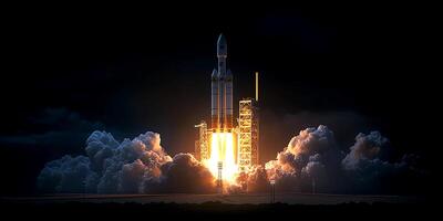 A rocket launching into space with bright flames and thick clouds of smoke. photo