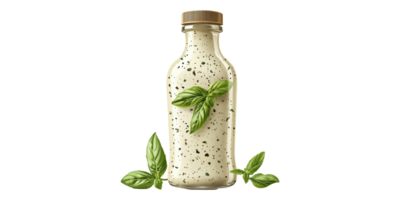 Bottle of herb salad dressing with basil leaves isolated on transparent background png