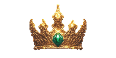 Golden pixel art crown with green gem isolated on transparent background png