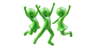 Three green characters jumping happily isolated on transparent background png