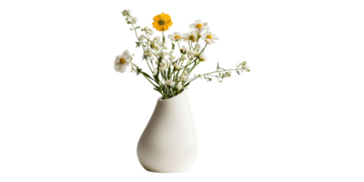 White ceramic vase with wildflowers isolated on transparent background png