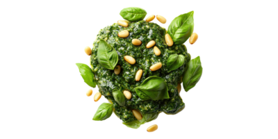 Pesto sauce with basil leaves and pine nuts isolated on transparent background png