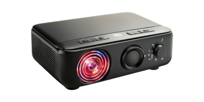 Black multimedia projector with led light display isolated on transparent background png