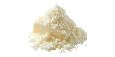 Grated parmesan cheese pile with small block isolated on transparent background png