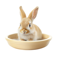 a small rabbit sitting in a bowl on transparent background. png