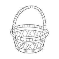 Empty wicker basket with handle doodle style, handmade container or pannier Hand drawn black and white isolated, coloring page. Accessories for storage or carrying line art illustration vector
