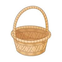 Empty wicker basket with handle, handmade container or pannier Hand drawn Trendy flat style isolated Decorative accessories for storage or carrying for web graphic design. illustration vector