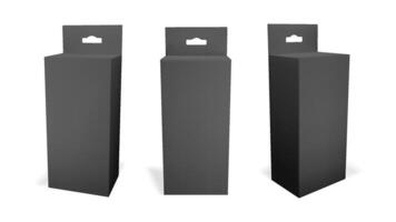 3d black hang box isolated . Vertical carton pack for medicine or cosmetic product. Rectangular hanger tab container with shadow for pharmacy. Front and side view for realistic packaging slot. vector