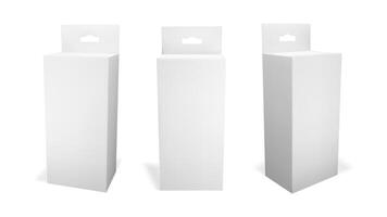 3d white hang box mockup. Blank rectangle carton product pack with hanger. Cream container with tab set of three. Realistic vertical pharmacy packaging front and side view. Empty paper dummy slot. vector