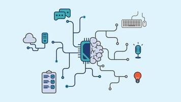 Artificial Intelligence workflow illustration. How to use AI illustration. Human brain and AI technology illustration. vector