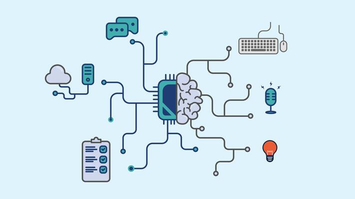 Artificial Intelligence workflow illustration. How to use AI illustration. Human brain and AI technology illustration.