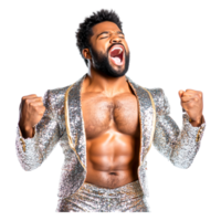 Energetic Performer Celebrating with Fists Raised in Sparkly Jacket png