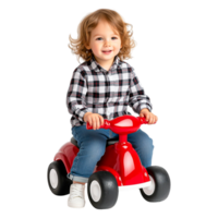 Happy Child with Curly Hair Riding Red Toy Car on png