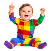 Happy Baby in Colorful Outfit Celebrating with Joyful Expression png