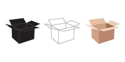 Illustration of an Open Cardboard Box in Black, Line, and Color Variations vector