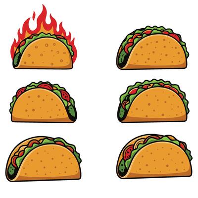 Dynamic Tacos set Flame Fire Illustration Bringing the Heat with Sizzling Taco Designs