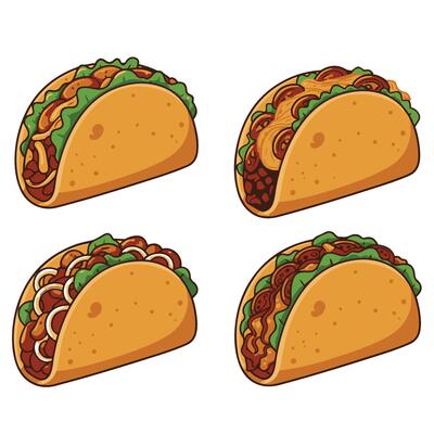 Eye-Catching Tacos set Flame Fire Illustration Featuring Crispy Shells and Fiery Flames in Vectors Art