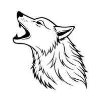 A detailed black and white line art graphic of a wolf head, angled slightly upward, with an open mouth in a howling expression. vector