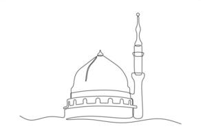 Continuous single line drawing of Nabawi's dome mosque and minaret. Minimalist Islamic design element. vector