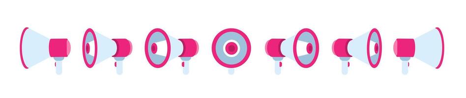 Megaphone front, side icons. Different angles, white and red flat. vector