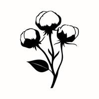 Outline cotton branch in engraving style isolated on white background. Silhouette cotton bud on stem with leaves vector