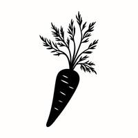 Black silhouette carrot icon on white background. Carrot with stalks, tops and leaves drawing in doodle style vector