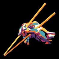 Isolated, high contrast, colorful, hand with chopsticks illustration. vector