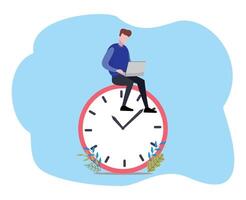 Man sitting on a clock and holding a laptop. Time management and productivity concept vector