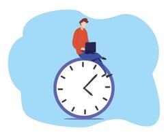 Man sitting on clock. Time management concept. Man with office laptop report and clock vector