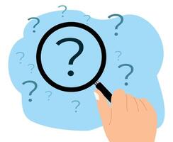 A hand holding a magnifying glass over a large question mark surrounded by smaller ones. Question mark and root cause analysis concept. Problem solving concept vector