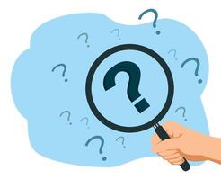 Hand holding magnifier. Magnifier And Question Mark. Searching. Magnifying Glass. Problem analysis. Finding solutions. Problem solving. Analyzing issue. Investigate process vector
