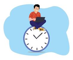 Modern productivity concept. Productivity and project management. Man sitting on clock. Time management concept. Man with laptop report and clock. Marketing and optimization concept vector