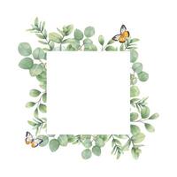 Eucalyptus branches and flying orange butterflies frame isolated background. Green leaves, delicate insect square border with empty space for text. Spring illustration for beauty product design vector