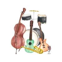 Jazz percussion, string and wind instruments watercolor illustration isolated background. Saxophone, electric and acoustic guitar, contrabass, drum kit and retro microphone. Orchestra composition vector