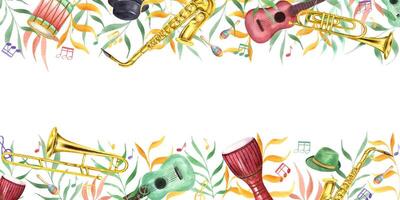 Watercolor carnival music percussion, string and wind instruments, musical notes among abstract color leaves rectangle border. Mardi Grass, Brazilian carnival illustration with empty space for text vector