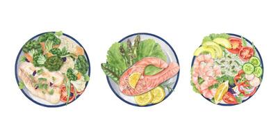 Steamed Fish steak, Shrimps and vegetable salad on round plates clip art watercolor illustration isolated background. Dishes with healthy food, balanced diet design. For recipes, menu, cookbook vector