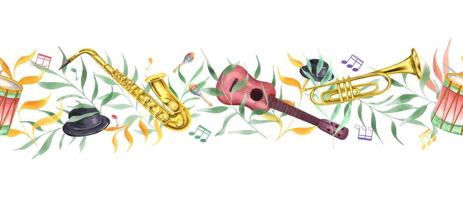 Watercolor six string guitar, drum, trumpet, hats, maracas, musical notes and colorful holiday leaf branches seamless horizontal banner. Carnival festive musical instruments pattern illustration