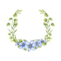 Watercolor blue blooming primroses with green leaves frame isolated background. Forest spring lilac liverwort, hepatica flowers bouquet in realistic style. Empty space for text. For Valentine day. vector