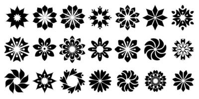 Black flower set features abstract floral design silhouettes and geometric patterns. vector